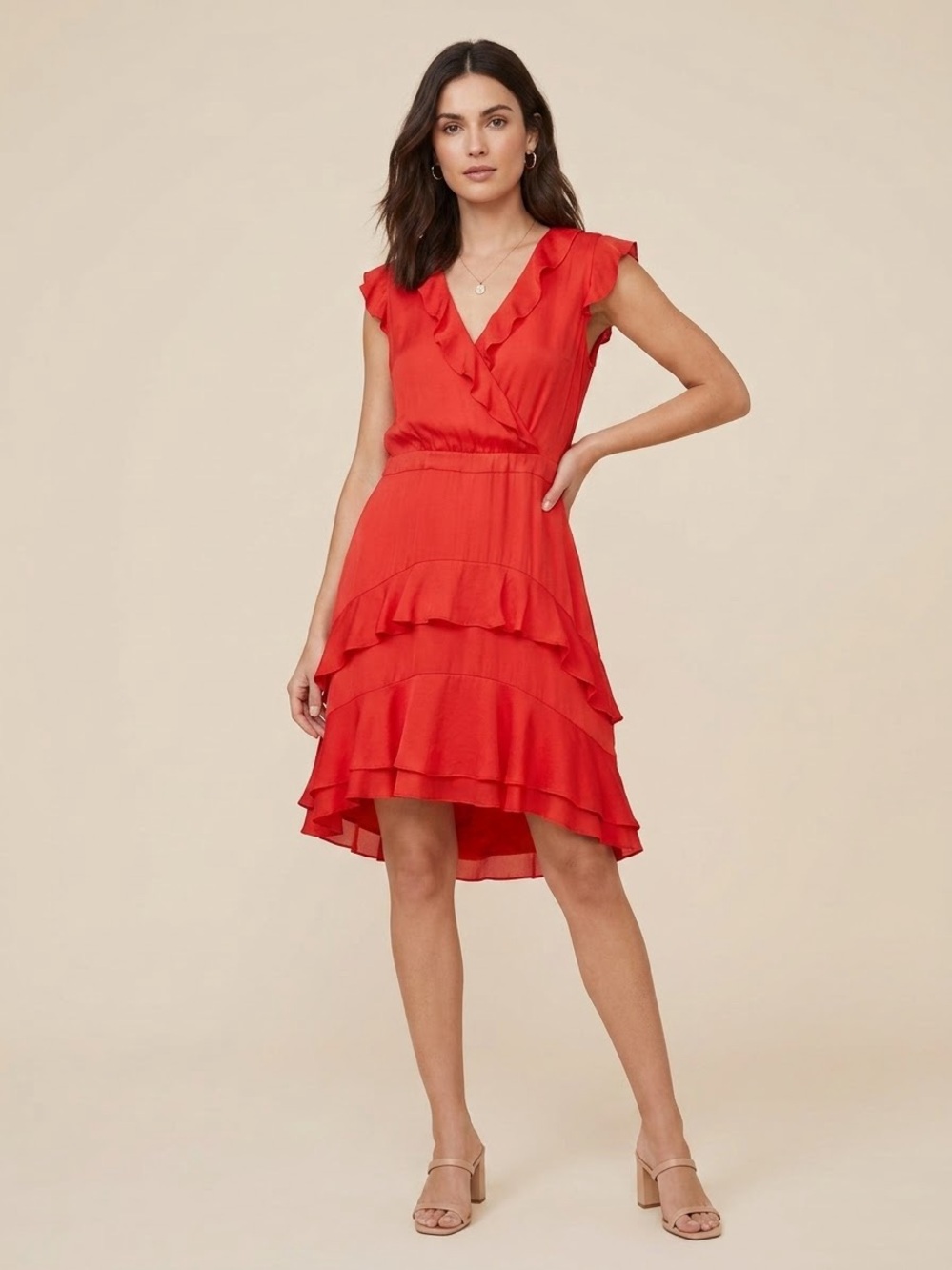 Parker Red 100% Silk Ruffle Tiered V-Neck Mini Dress party wedding dress date